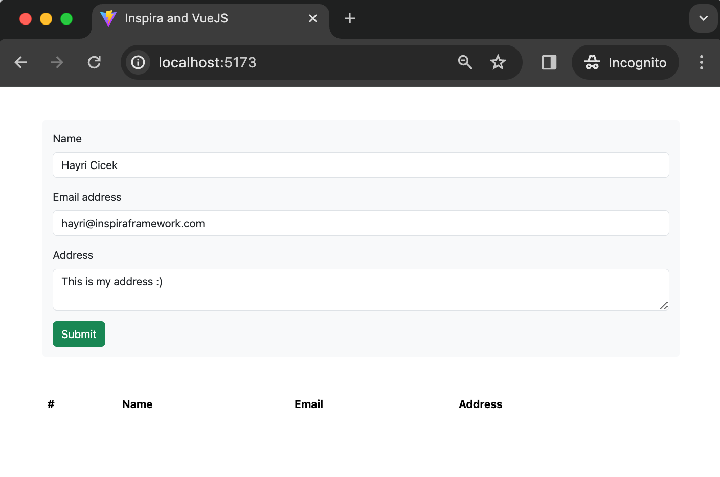 Inspira and VueJS Form