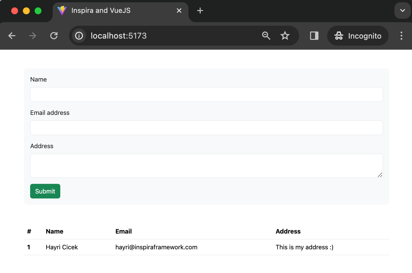 Inspira and VueJS Form Result